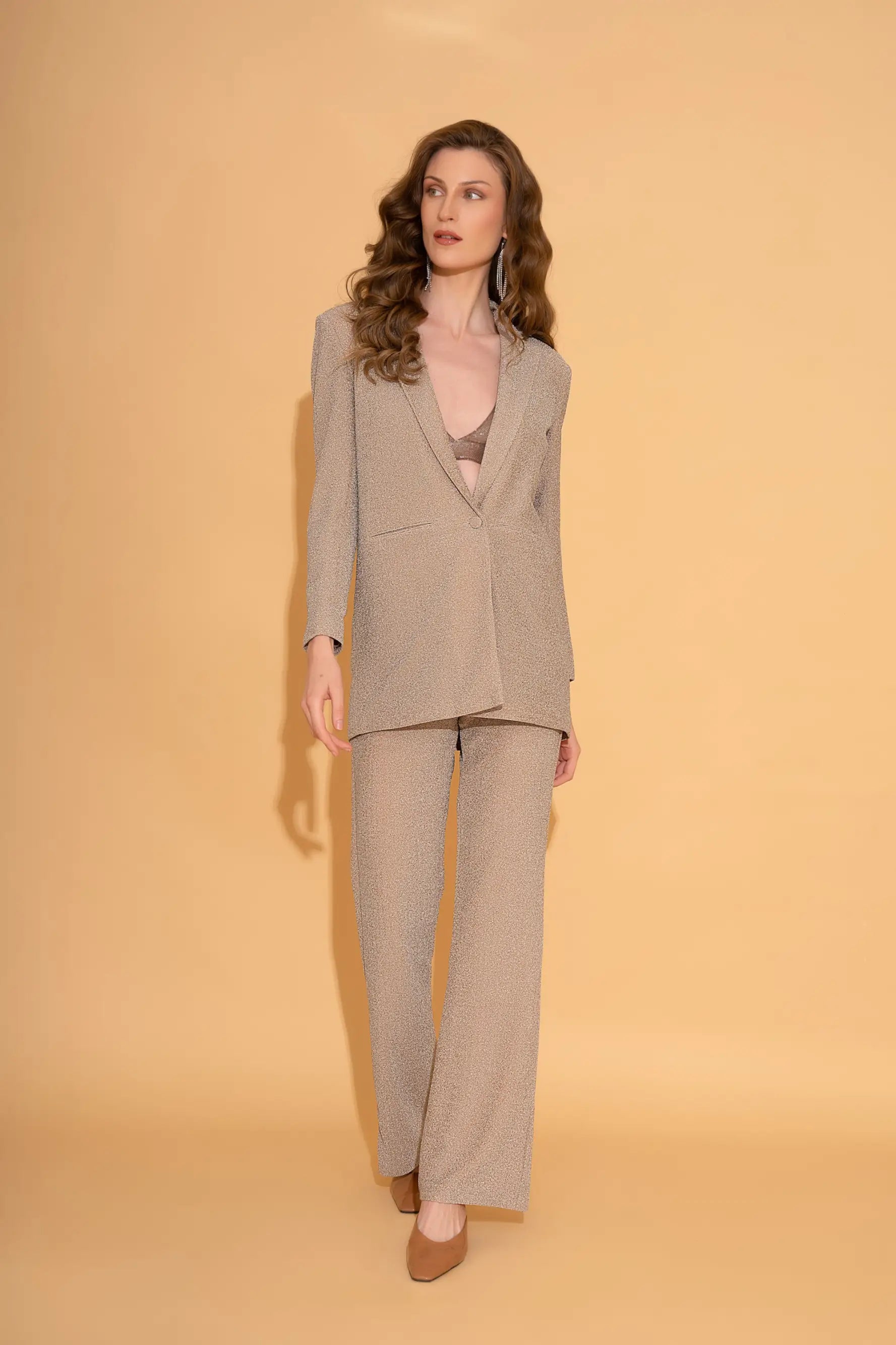Champagne Shimmer Blazer and Pants Co-ord Set High-Waist Jeans