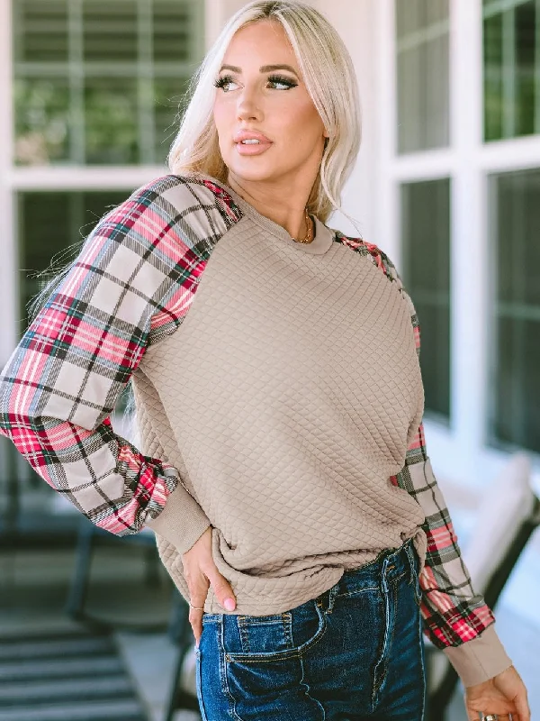 Alluring Plaid Knit Raglan Sweater Toggled Drawstring Belted