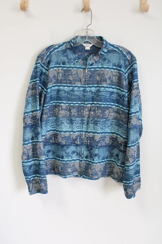Christopher & Banks Blue Floral Striped Jacket | L Hoodie Zip-Up Jacket Button-Up Jacket Christopher & Banks Blue Floral Striped Jacket | L Hoodie Zip-Up Jacket Button-Up Jacket