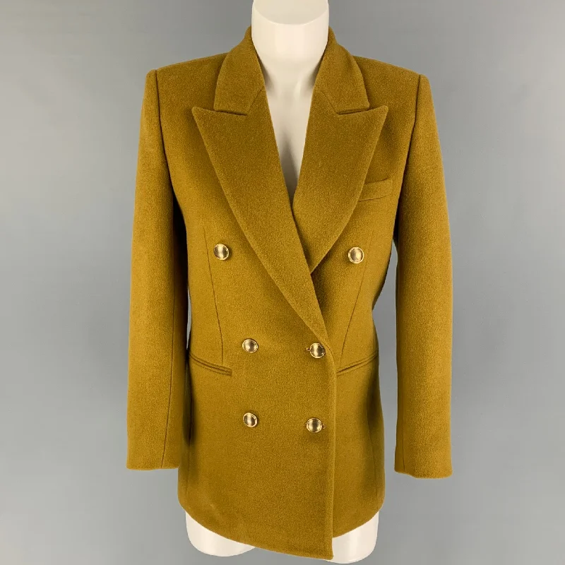 SAINT LAURENT Size 0 Mustard Wool Cashmere Double Breasted Jacket Ribbed Jacket Pleated Jacket Ruffled Jacket SAINT LAURENT Size 0 Mustard Wool Cashmere Double Breasted Jacket Ribbed Jacket Pleated Jacket Ruffled Jacket