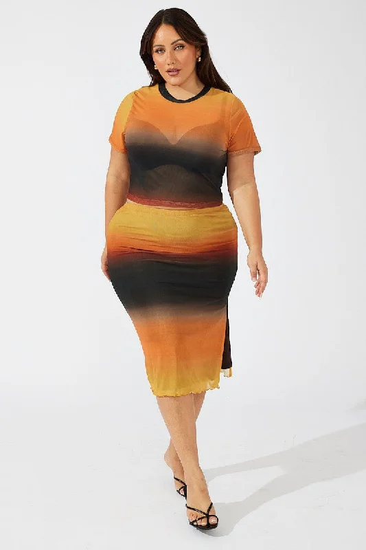 Multi Abstract Midi Skirt Bodycon Split Mesh velvet skirt glossy