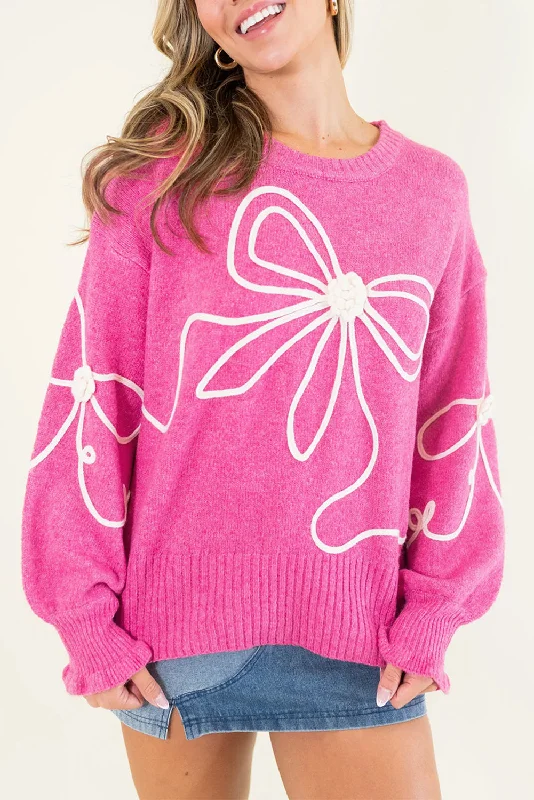 Corded Flower Bow Ribbed Trim Casual Sweater Front Pockets Side Pockets Patch Pockets Corded Flower Bow Ribbed Trim Casual Sweater Front Pockets Side Pockets Patch Pockets