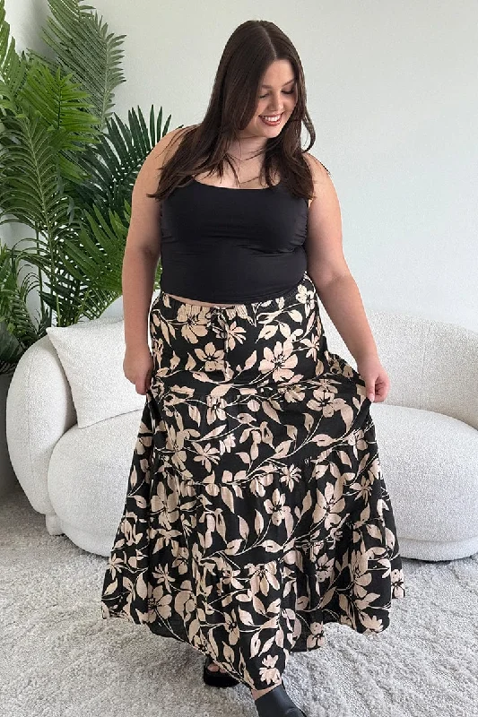 Black Floral Elastic Waist Tiered Maxi Skirt midi skirt versatile