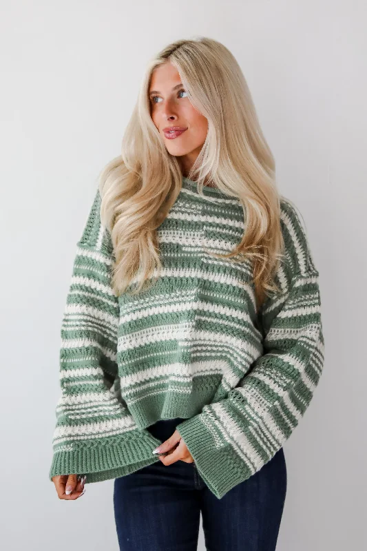 Cozy Conclusion Green Striped Sweater Collared Crew Neck Turtle Neck