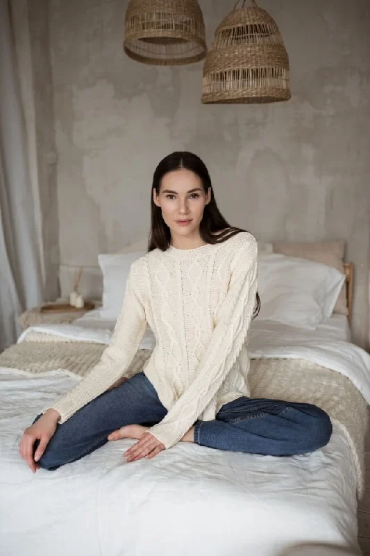 Cable-Knit Merino Wool Sweater Natural White Thin Thick Dense