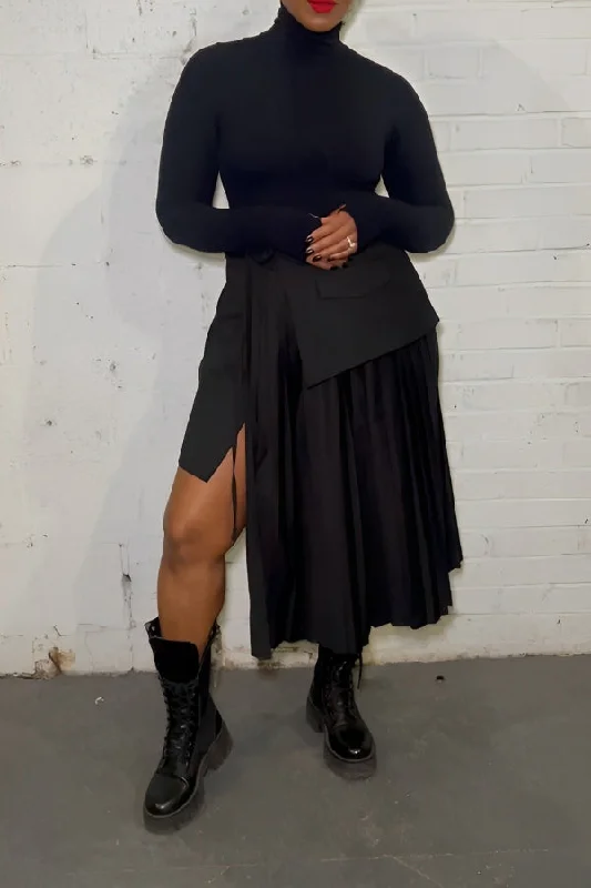 Trendy High Neck Sweater & Asymmetric Split Skirt Set Mesh Sweater Canvas Denim