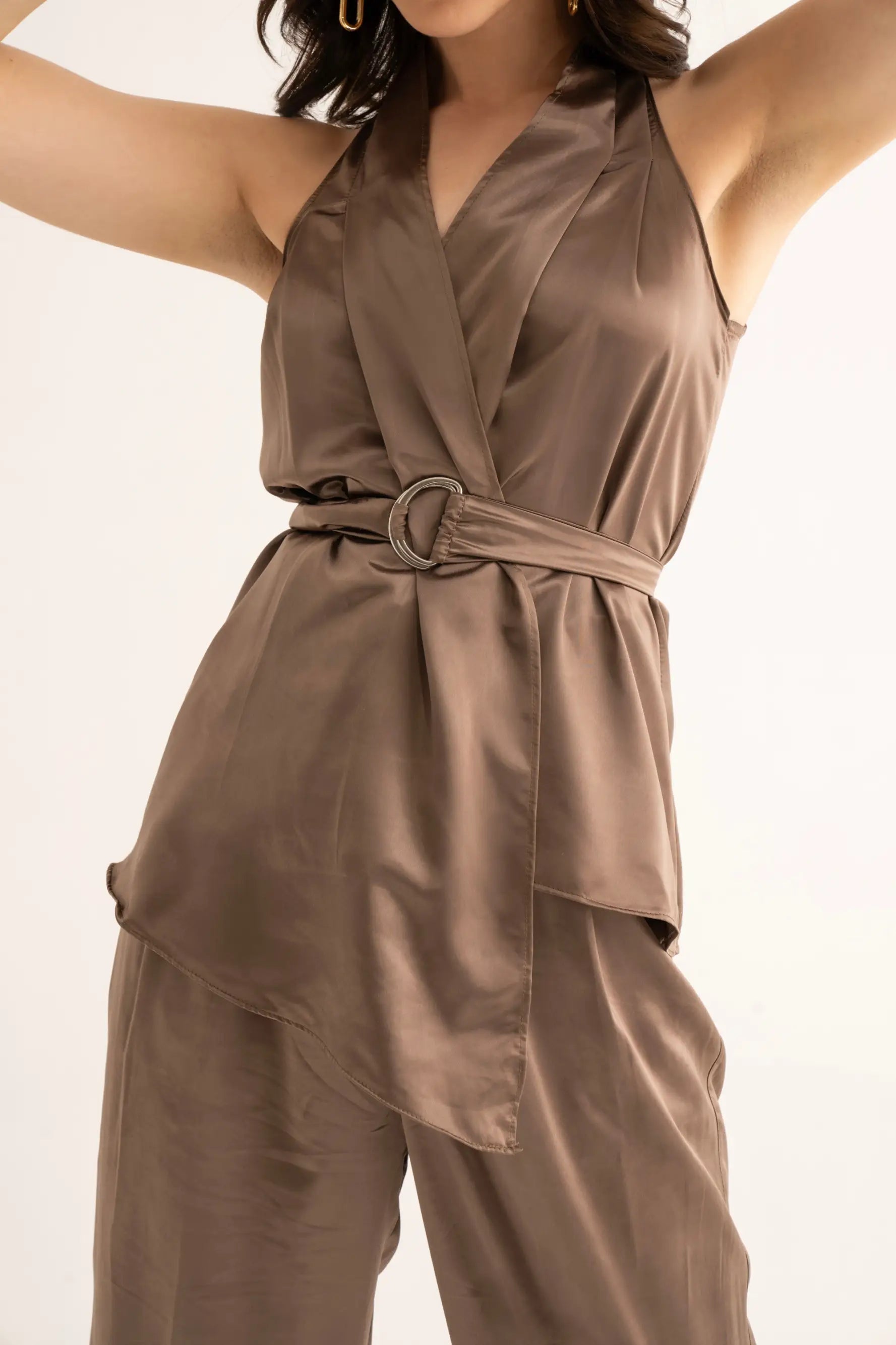 Royal Satin D-Ring Top and Korean Style Pants Co-ord Set Classic Flared Pants