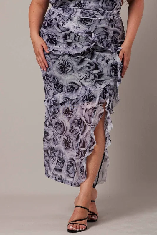 Black Floral Rosette Mesh Frill Skirt ruffled skirt detail