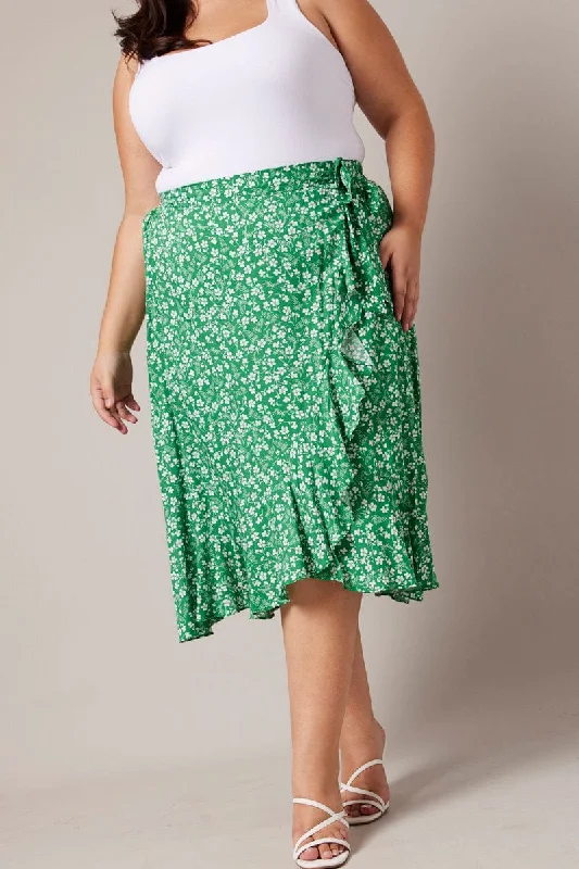 Green Ditsy Wrapover Frill Rayon Midi Skirt leather skirt sleek