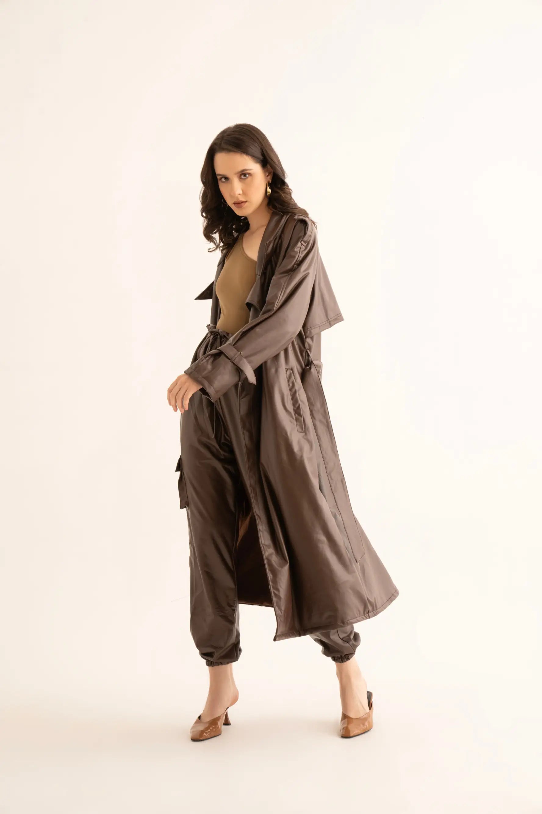 Brown Faux Leather Trench and Cargo Pants Co-ord Set Lightweight Jogger Pants