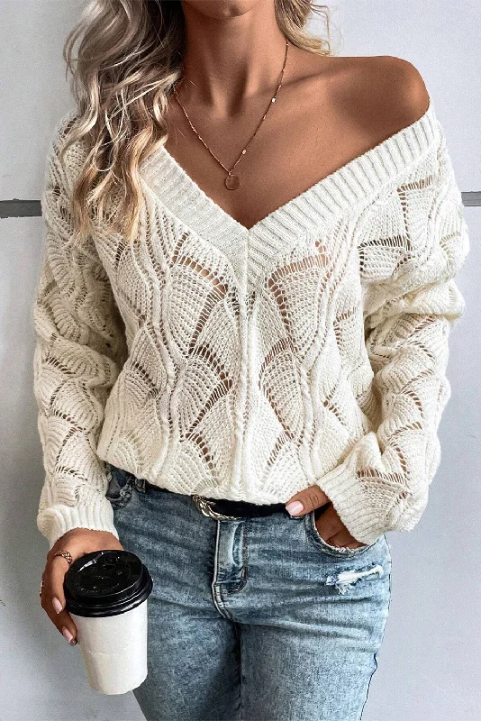Hollow Out Knit V Neck Drop Shoulder Sweater Plaid Sweater Polka Dot Checkered