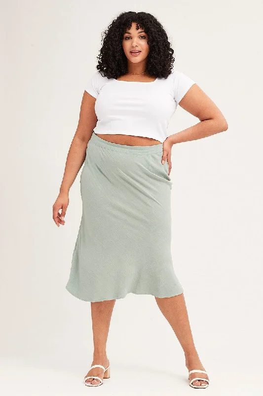 Green Elastic Waist Bias Linen Blend Skirt silk skirt luxurious