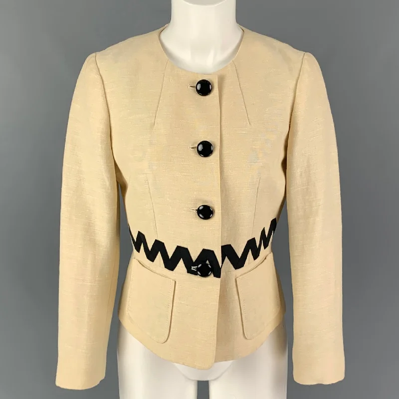ETRO Size 4 Cream Black Silk Blend Ribbon Collarless Jacket Fleece Fabric Down Fabric Feather Fabric ETRO Size 4 Cream Black Silk Blend Ribbon Collarless Jacket Fleece Fabric Down Fabric Feather Fabric