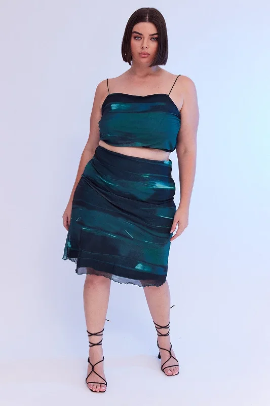 Green Abstract Midi Skirt Bodycon Elastic Waist Mesh boho skirt vibe