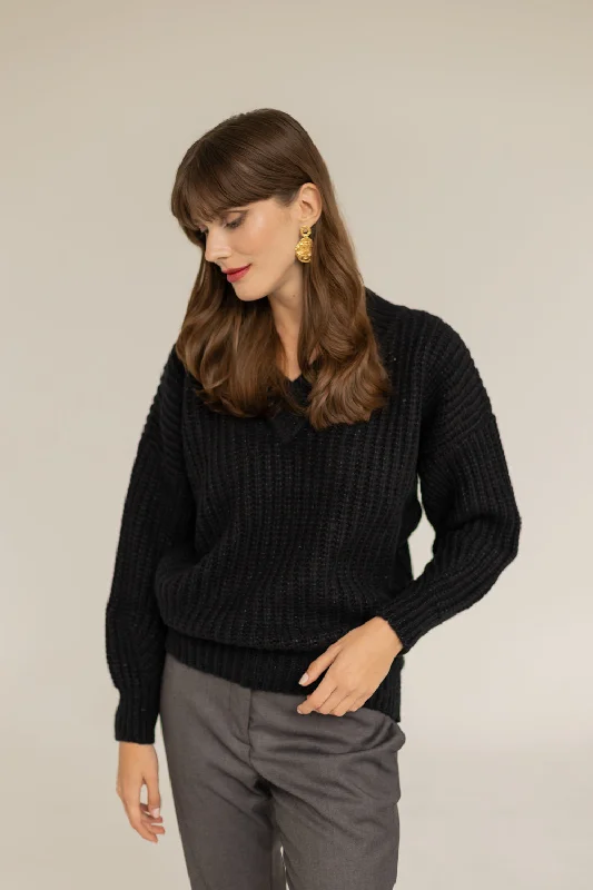 Victoria Merino Sweater Black Solid Color Striped Floral Print