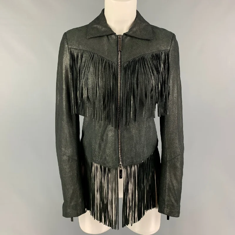 GIL SANTUCCI Size 4 Charcoal Lamb Leather Fringe Jacket Rayon Jacket Velvet Jacket Corduroy Jacket GIL SANTUCCI Size 4 Charcoal Lamb Leather Fringe Jacket Rayon Jacket Velvet Jacket Corduroy Jacket