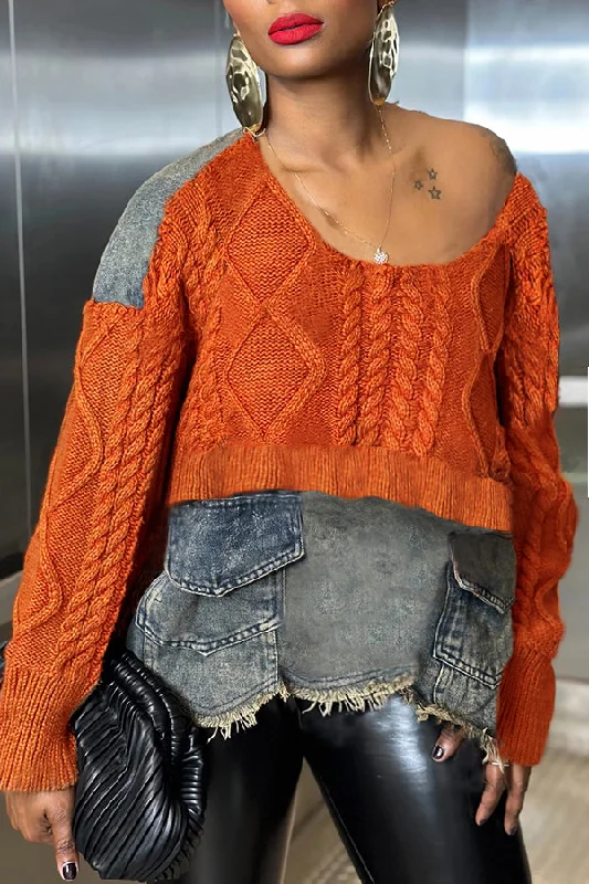 Retro Denim Patchwork Long Sleeve Sweater Thin Thick Dense