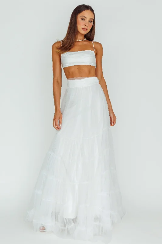 Mavis Mesh Overlay Maxi Skirt White leather skirt durable