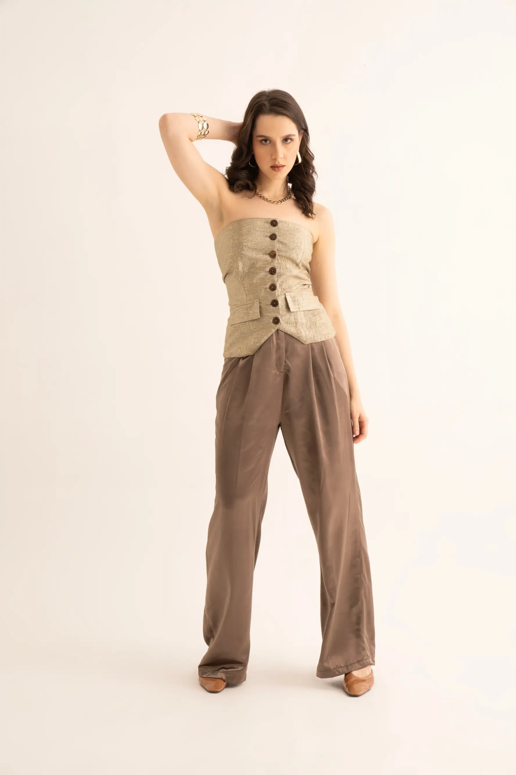 Brown Foil Tube Waistcoat and Satin Korean Pants Co-ord Set Comfortable Wide-Leg Pants