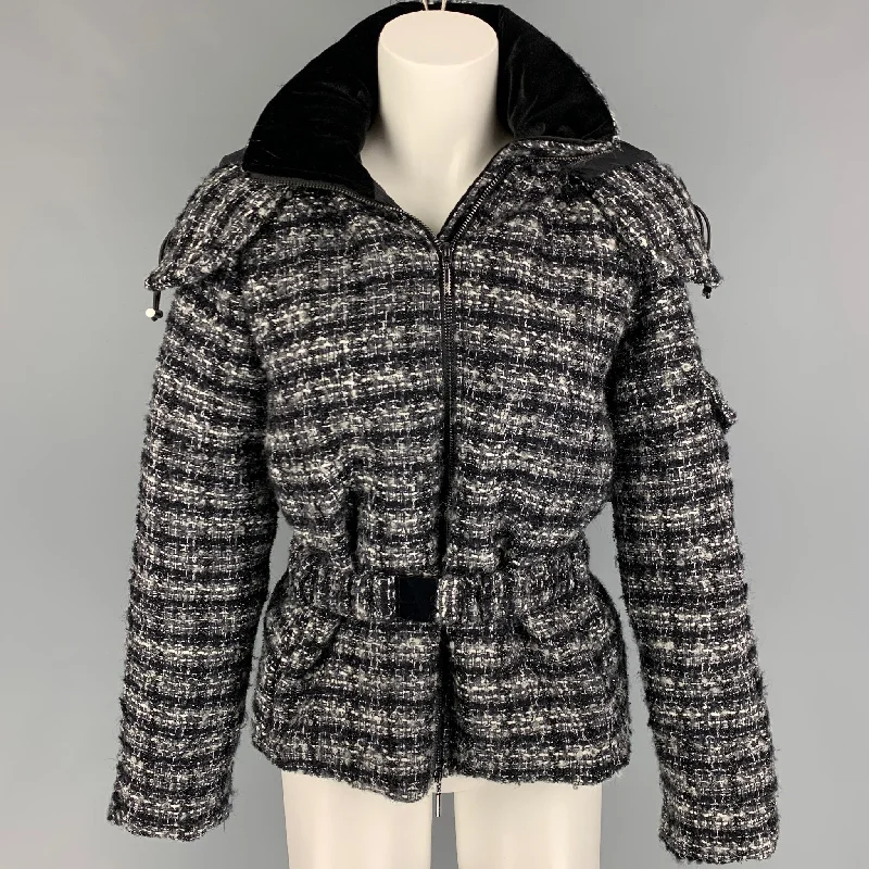 EMPORIO ARMANI Size 4 Black White Grey Wool Woven Hooded Jacket Stand-Up Collar Roll-Neck Collar Turtle Neck EMPORIO ARMANI Size 4 Black White Grey Wool Woven Hooded Jacket Stand-Up Collar Roll-Neck Collar Turtle Neck