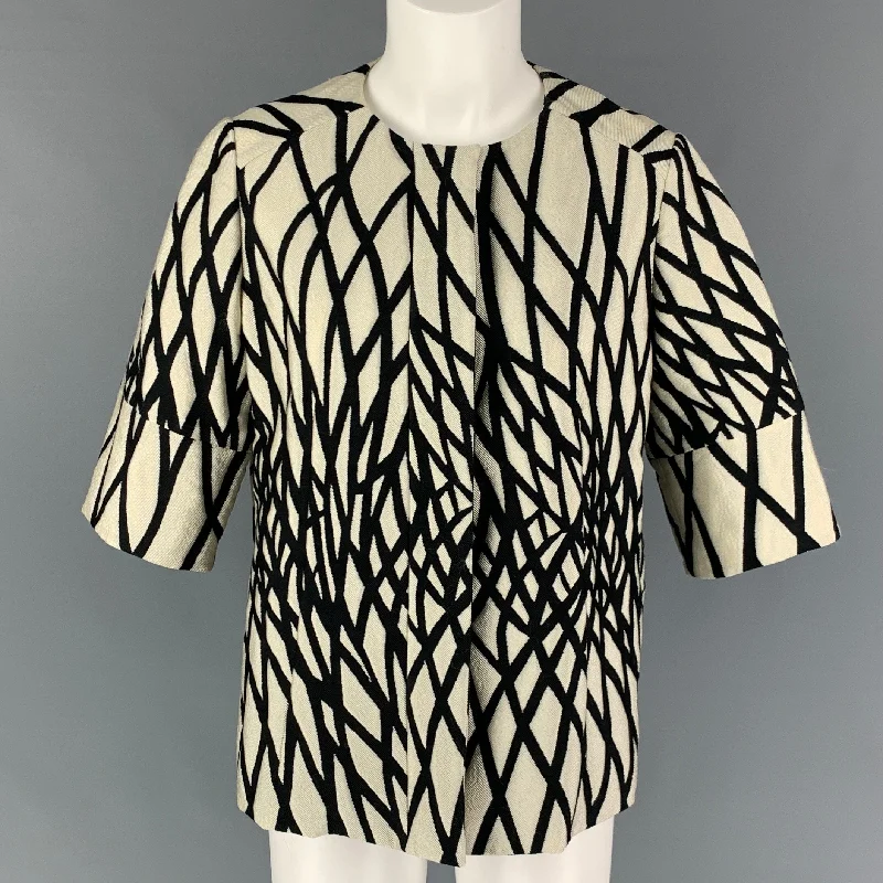 MARNI Size 6 Black White Cotton Blend Abstract Jacket Welt Pockets Slit Pockets Flap Pockets MARNI Size 6 Black White Cotton Blend Abstract Jacket Welt Pockets Slit Pockets Flap Pockets