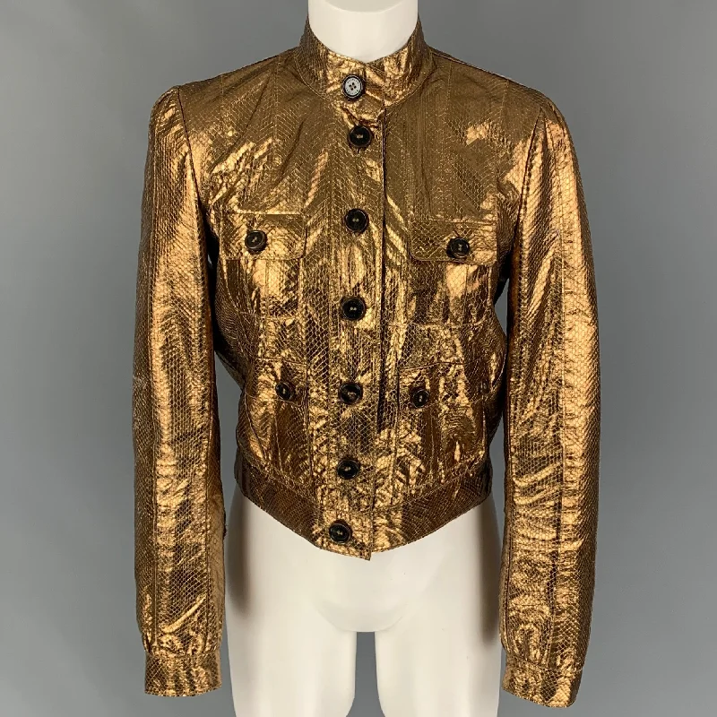 MULBERRY Size 8 Gold Leather Metallic Buttoned Jacket Plaid Jacket Tartan Jacket Houndstooth Jacket