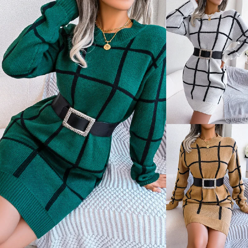 Casual Contrast Color Plaid Long Sleeve Base Sweater Dress Ribbed Striped Patterned
