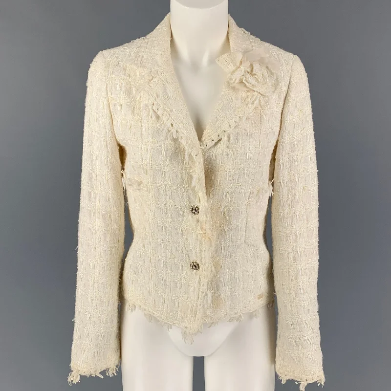 CHANEL AL639 05C Size 4 Cream Boucle Cotton Blend Jacket Mesh Jacket Canvas Jacket Denim Jacket CHANEL AL639 05C Size 4 Cream Boucle Cotton Blend Jacket Mesh Jacket Canvas Jacket Denim Jacket