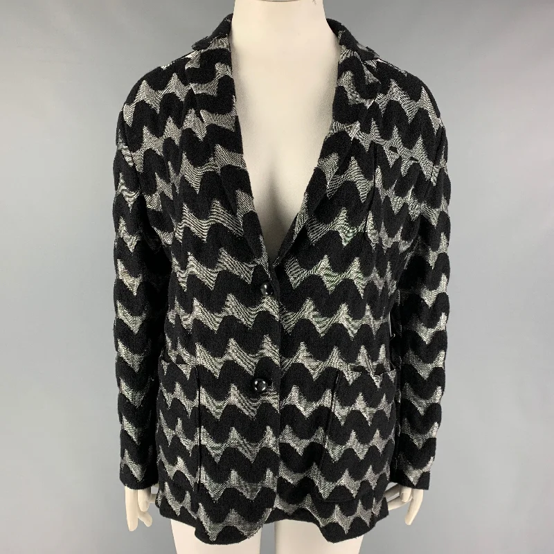 GIORGIO ARMANI Size 14 Black Grey Zig Zag Notch Lapel Jacket Blazer Tiered Jacket Buttoned Jacket Zippered Jacket GIORGIO ARMANI Size 14 Black Grey Zig Zag Notch Lapel Jacket Blazer Tiered Jacket Buttoned Jacket Zippered Jacket
