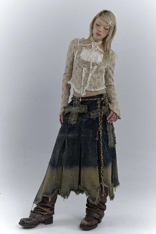 Grunge Cross Patch Pleated Maxi Skirt velvet skirt rich