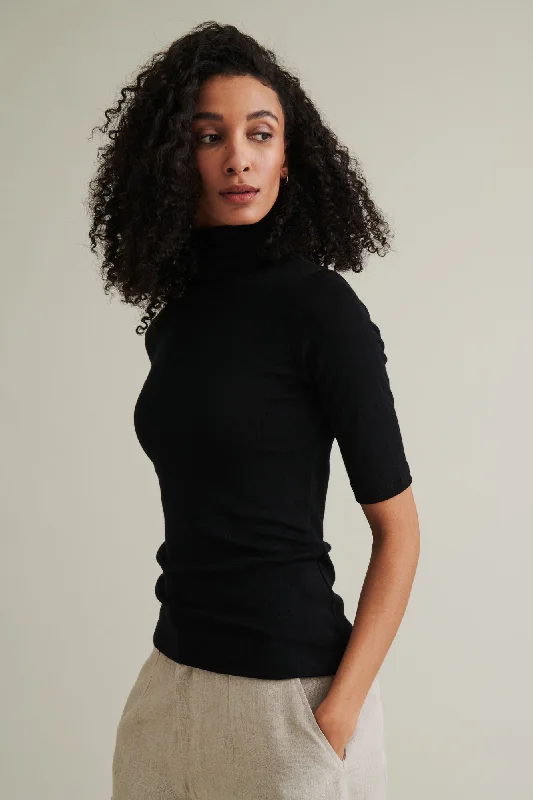 Kait Turtleneck Sweater Black Cotton Fabric Linen Fabric Terry Fabric