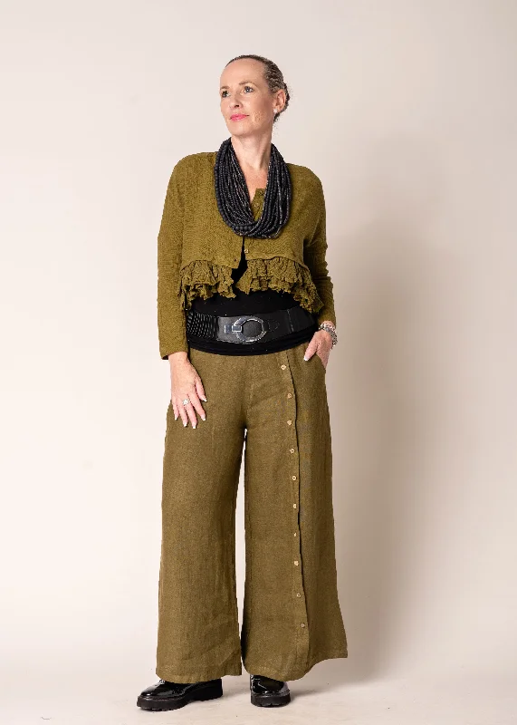 Clair Linen Pants in Green Olive Relaxed High-Waist Trousers