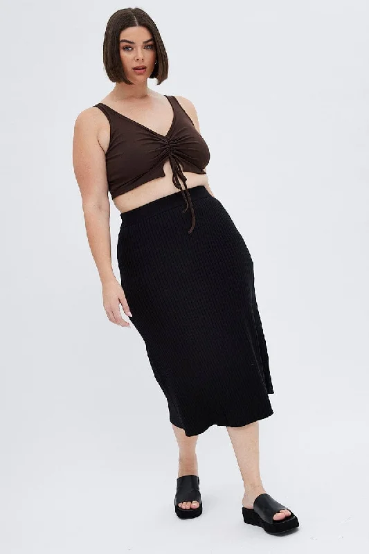 Black Knit Skirt Elastic Waist Midi Flare Rib patchwork skirt art