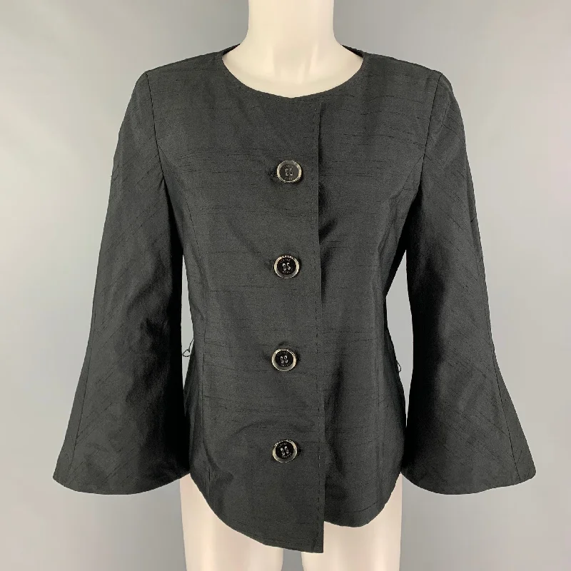 FERAUD Size 8 Black Collarless Flare Sleeve Jacket Nylon Jacket Polyester Jacket Spandex Jacket FERAUD Size 8 Black Collarless Flare Sleeve Jacket Nylon Jacket Polyester Jacket Spandex Jacket