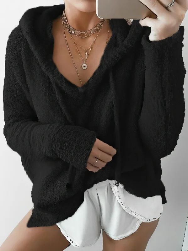 Warm V-Neck Hooded Sweater Handmade Hand-knitted Hand-woven
