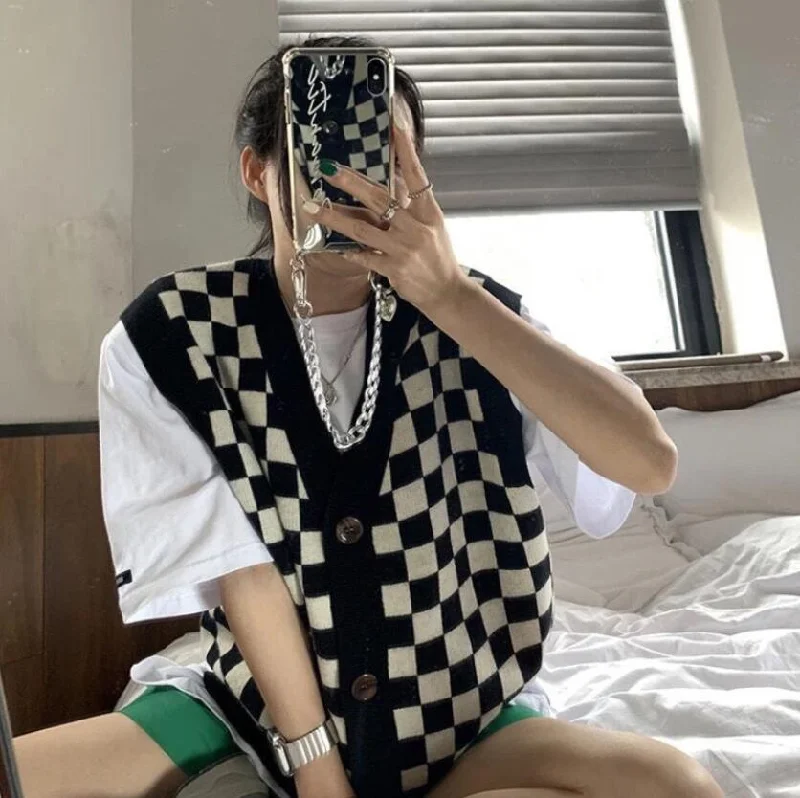 Fashion Women's Simple Checkerboard Sweater Vest Spandex Rayon Corduroy