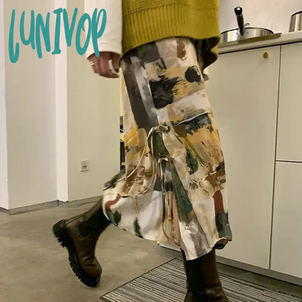 Lunivop Tie Dye Oil Painting Skirts Women Harajuku Straight Slit Midi Skirts Y2K Retro Streetwear High Waist Bandage Design Skirt low waist skirt