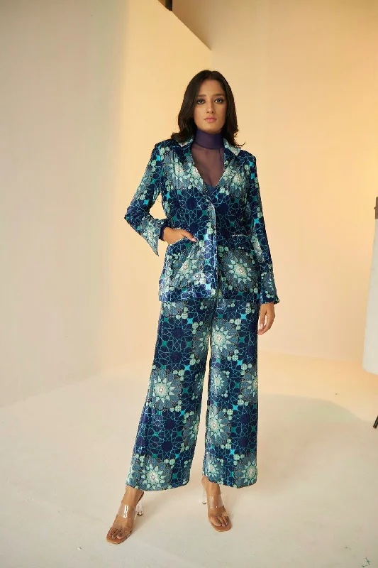 Blue- Tashkent Velvet Jacket And Pants Set With Bustier Trendy Velvet Pants
