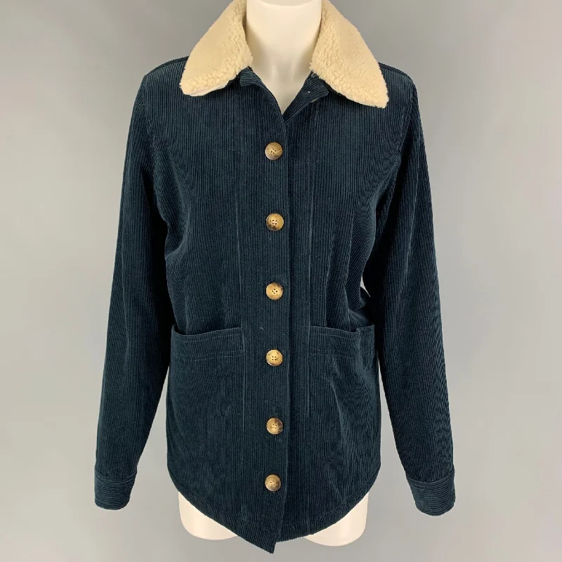 SEZANE Size S Navy Cream Cotton Textured Faux Shearling Jacket Embroidered Jacket Appliqued Jacket Beaded Jacket SEZANE Size S Navy Cream Cotton Textured Faux Shearling Jacket Embroidered Jacket Appliqued Jacket Beaded Jacket