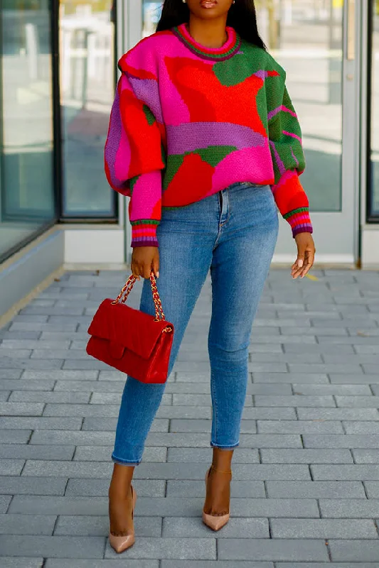 Abstract Colorblock Drop Shoulder Sweater Fitted Loose Oversized