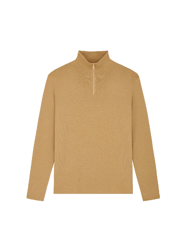 Womens Regenerative Merino Wool Half-Zip Sweater—camel Toggled Drawstring Belted