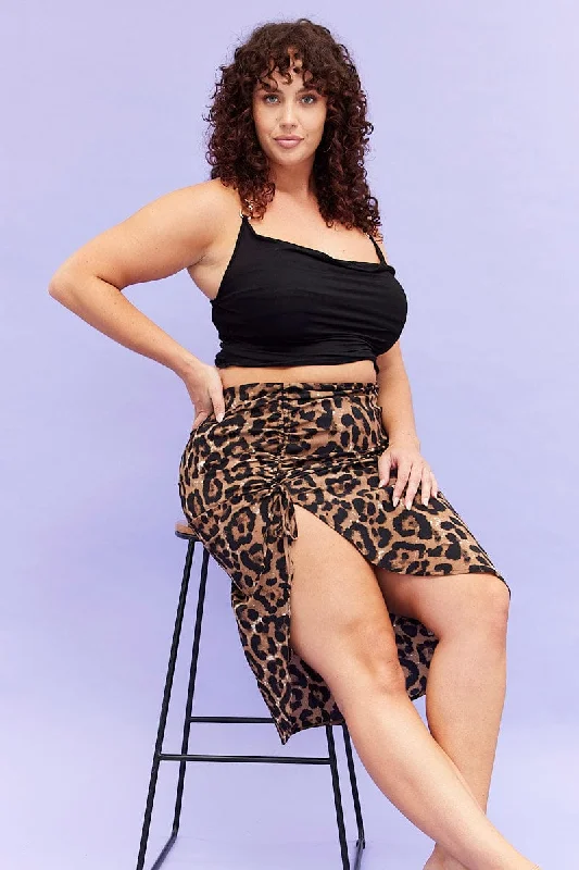 Beige Animal Print Midi Skirt High Waist Ruched lace skirt delicate