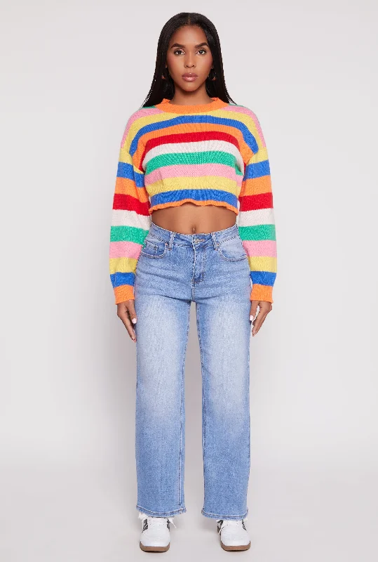 Daisy Striped Brushed Knit Cropped Sweater Cable Knit Ribbed Knit Lace Knit