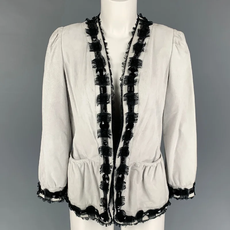 YVES SAINT LAURENT Size 6 Off White Black Leather Beaded Jacket Boat Neck Shawl Collar Notched Collar YVES SAINT LAURENT Size 6 Off White Black Leather Beaded Jacket Boat Neck Shawl Collar Notched Collar