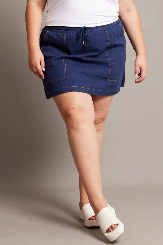 Blue Contrast Stitch Cotton Mini Skirt leather skirt bold