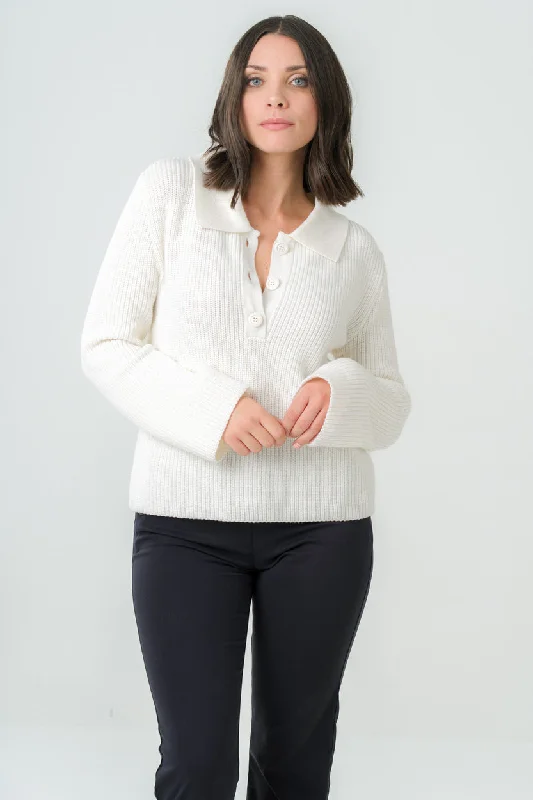 Torreya Knitted Sweater Ecru White Turtle Neck Boat Neck Asymmetrical Neck