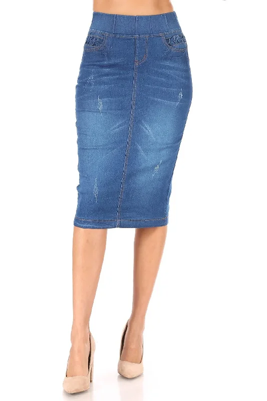 High Waisted Shaping Pullon Stretch Denim Calflength Skirt (77907-SKT) slim fit skirt