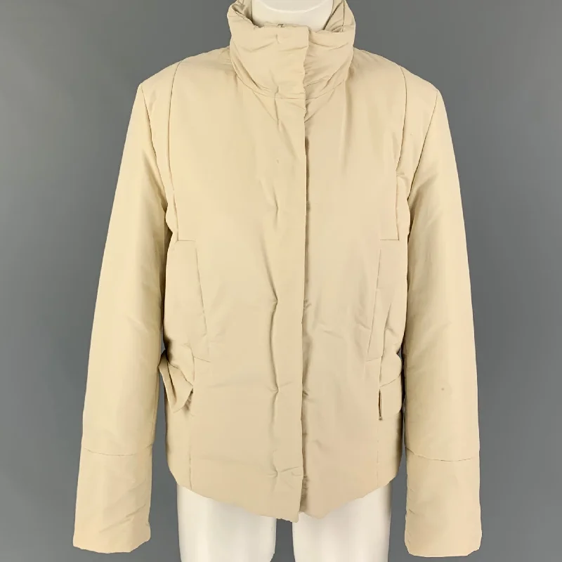 JIL SANDER Size 6 Cream Cotton Blend Hidden Hood Jacket Nylon Fabric Polyester Fabric Spandex Fabric JIL SANDER Size 6 Cream Cotton Blend Hidden Hood Jacket Nylon Fabric Polyester Fabric Spandex Fabric