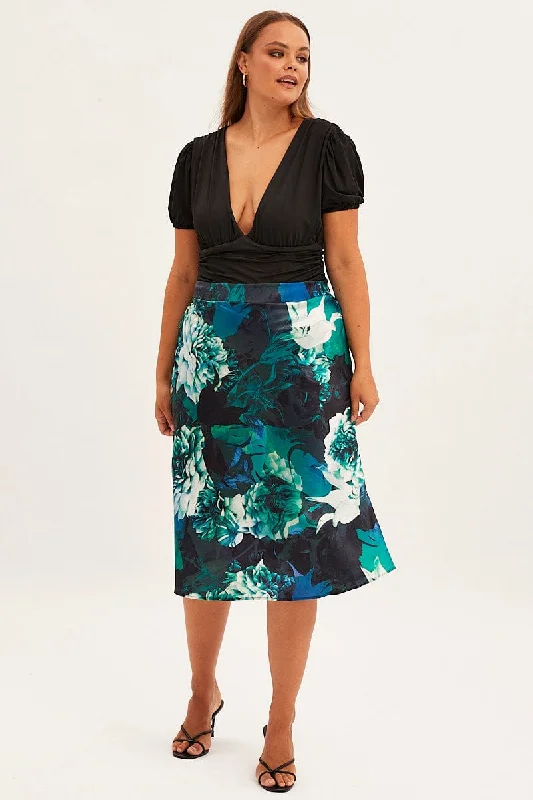 Abstract Print Slip Skirt Midi Satin lightweight skirt design