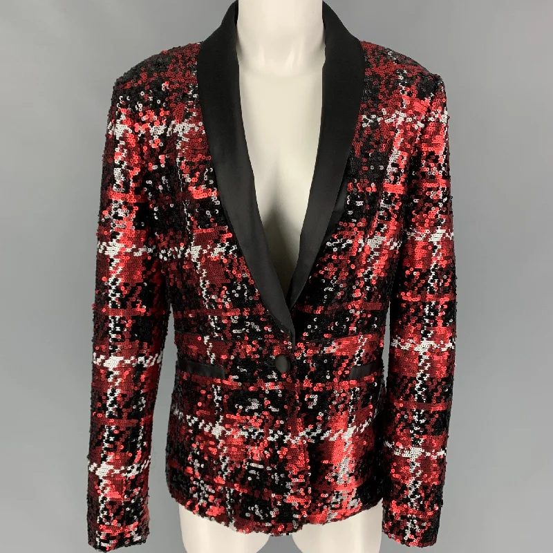 L'AGENCE Size 8 Black Red Polyester Sequined Jacket Satin Jacket Silk Jacket Chiffon Jacket L'AGENCE Size 8 Black Red Polyester Sequined Jacket Satin Jacket Silk Jacket Chiffon Jacket